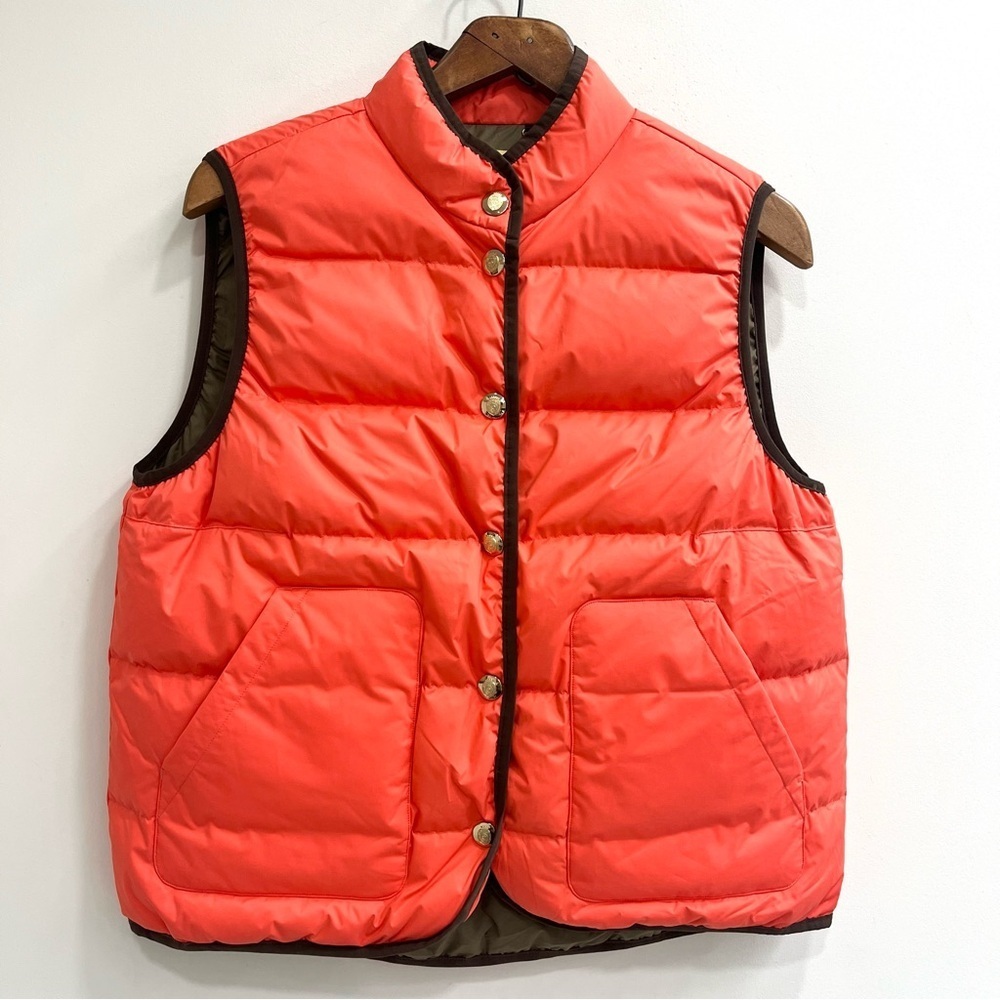 Brooks Brothers Down Filled Puffer Vest Orange Olive Green Trim Woman’s Large